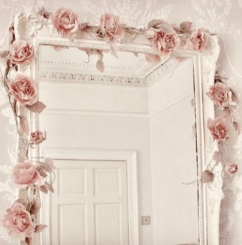 Pink roses and a white scalloped mirror White Scalloped Mirror, Light Pink Rooms, Coastal Room Decor, Rose Bedroom, Pink Academia, Scalloped Mirror, Kitchen Tour, Rosé Theme, Victorian Bedroom