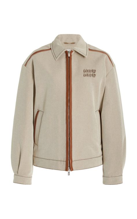 MODA OPERANDI: MIU MIU  Leather Trimmed Canvas Jacket… Prada Outlet, Teen Wolf Outfits, Embroidered Leather Jacket, Canvas Jacket, Korean Fashion Dress, Fire Fits, Easy Trendy Outfits, Summer 24, Leather Jackets Women