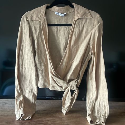 Brand New With Out Tags Linen Blouse Wrap Top Linen Wrap Top, Linen Blouse, Tie Blouse, Peasant Blouse, Wrap Top, Zara Tops, Tan Brown, Zara, Womens Tops