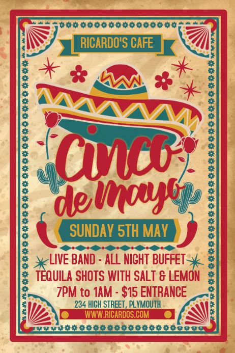 Customize this design with your video, photos and text. Easy to use online tools with thousands of stock photos, clipart and effects. Free downloads, great for printing and sharing online. Poster. Tags: 5 de mayo event, cinco de mayo, cinco de mayo bar celebration, cinco de mayo party night, mexican, Event Flyers, Bar Flyers, Cinco De Mayo , Cinco De Mayo Mexican Posters Vintage, Fiesta Poster Design, Mexican Graphic Design Poster, Mexican Poster Design, Vintage Event Poster, Mexican Poster, Mexican Graphic Design, Mexico Poster, Tiki Signs