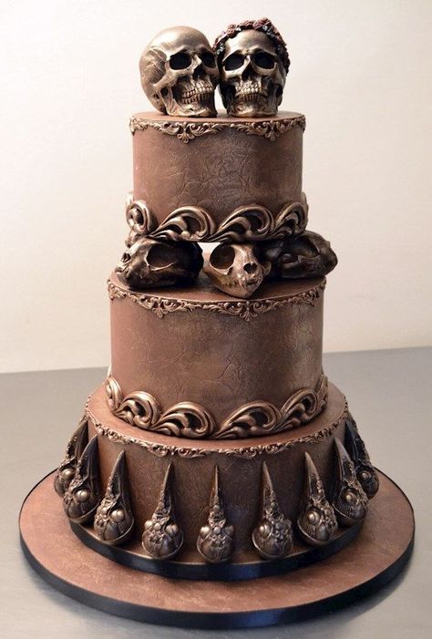 Chocolate skull wedding cake - Conjurer's Kitchen | Misfit of the Month July-2018 | Misfit Wedding  #weddingcake #skullcake #skulls #gothwedding #halloweenwedding #chocolatecake Goth Food, Skull Wedding Cakes, Gothic Wedding Cake, Gothic Cake, Halloween Wedding Cakes, Nordic Wedding, Skull Cake, Ombre Cake, Skull Wedding