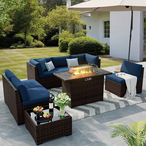 8 Pieces Outdoor Patio Furniture Set with 44" Fire Pit Table Rattan Sectional Conversation Sets w/Gas Fire Pit, Coffee Table, 2 Waterproof Covers Rattan Outdoor, Relaxing Outdoors, Outdoor Sofa Sets, Gas Fire Pit, Outdoor Patio Furniture Sets, Patio Furniture Set, Gas Fire, Cover Blue, Garden Furniture Sets