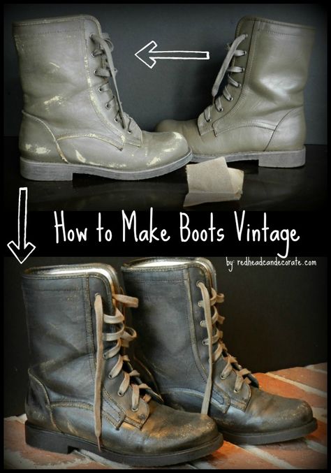 Tutorial on how to make new boots look vintage! Diy Boots, How To Make Boots, Upcycle Inspiration, Vintage Redhead, Distressed Boots, Boots Diy, Book Tutorial, Boots Look, Buy Boots