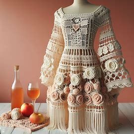 elegant crochet dress with granny squares and layers of fringes giving a whimsical look - Image Creator from Microsoft Designer Elegant Crochet Dress, Crochet Knit Dress, Elegant Crochet, Crochet Skirts, Lace Outfit, Knitwear Fashion, Frock Design, Crochet Squares, Unique Crochet