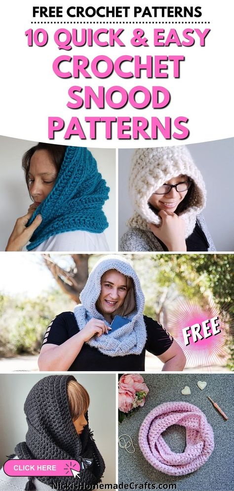 Crochet snoods can look feminine, quirky, or sophisticated, depending on the yarn and stitch you use. In this collection of 10 crochet snood patterns, I've included patterns in a variety skill levels, fashion styles, and different crochet stitches. There's even a dog snood crochet pattern! Get the crochet patterns free from Nicki's Homemade Crafts. #crochetsnood #snoodpattern #freecrochetpattern Crochet Snoodie Free Pattern, Free Crochet Pattern Hooded Cowl, Knitted Snood Pattern Free, Wednesday Snood Crochet Pattern, Snoods Crochet, Snood Crochet Pattern Free, Crochet Hooded Cowl Pattern Free, Snood Pattern Crochet, Dog Snood Crochet Pattern