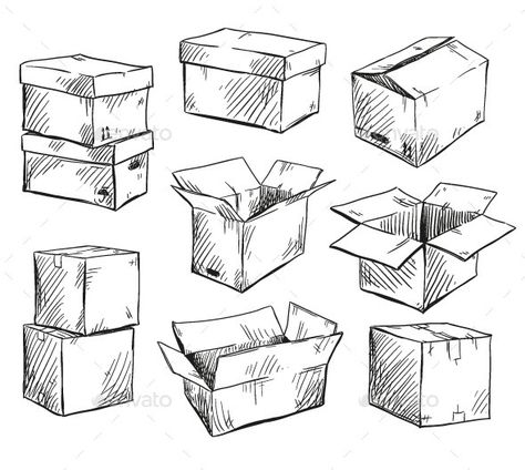 Set of Doodle Cardboard Boxes Doodle Box, Sketch Box, Furniture Design Sketches, Perspective Drawing Lessons, Object Drawing, Architecture Concept Drawings, Industrial Design Sketch, Perspective Art, Architecture Drawing Art