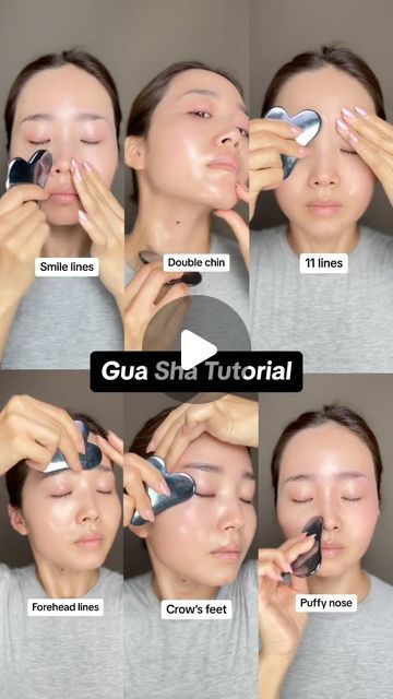 Yuri Lee on Instagram: "Gua Sha Tutorial for smile lines, double chin, 11 lines, forehead lines, crow’s feet, and puffy nose🫶 Used @guerlain watery youth oil & terahertz Gua Sha. (link in my Amazon storefront🩷) Repeat each movement 10 times🫡 #guasha #guashatutorial #smilelines #crowsfeet #frownlines #doublechin #puffyeyes #antiaging #facemassage" Guasha For Smile Lines, Gus Sha Smile Lines, Guasha Smile Lines, Under Eye Gua Sha, Gus Sha Tutorial, Gua Sha For 11 Lines, Guasha Massage Faces Double Chin, Gua Sha Frown Lines, Gus Sha Routine Double Chin