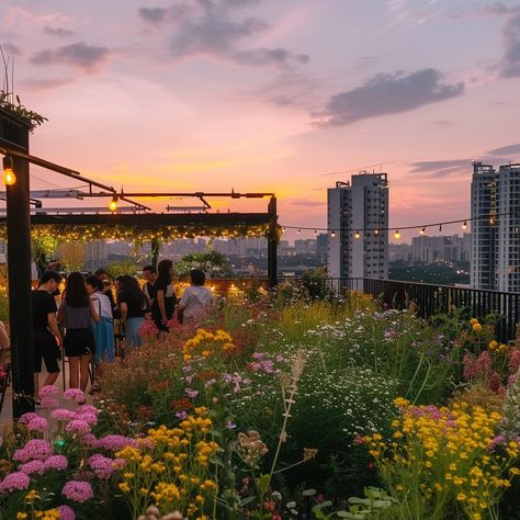 Rooftop Garden Party: As the sun sets, guests enjoy a vibrant garden party on a rooftop overlooking the cityscape. #rooftop #garden #party #sunset #cityscape #guests #blooming #flowers #aiart #aiphoto #stockcake https://ayr.app/l/78jK Rooftop Flower Garden, Rooftop Garden Aesthetic, Caviar Brunch, Cityscape Rooftop, Rooftop Garden Wedding, Sunset Cityscape, Party Image, Sunset Party, Garden Retreat