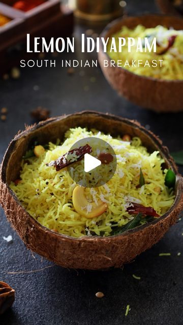 Malvika Hada Kumar | Recipe Developer on Instagram: "Lemon Idiyappam 🍋 🍝 - This is one of my favourite South Indian breakfasts. If you love lemon rice, you will love this one too. Try it and serve with coconut chutney and filter coffee for a comforting breakfast. Yum! 

Ingredients -
For Idiyappam -
1 cup rice flour
1-1/2 cups water
1 tsp oil
1/2 tsp salt
For tempering -
1 tbsp oil
1 tsp mustard seeds
1 tsp urad dal
1/2 tsp chana dal
5-6 cashews, halved
2-3 dry red chillies, broken
1-2 sprig curry leaves
1/4 tsp hing
1/3 tsp turmeric powder 
Salt, to taste
Juice from 1 big lemon
1/4 cup roasted/fried peanuts
1 tbsp fresh coconut, grated

Instructions-
In a pan, roast rice flour lightly. Do not brown it. Take it out in a bowl.
Add water in a pan. Add oil, salt and let it come to a boil. A Comforting Breakfast, Pan Roast, South Indian Breakfast Recipes, South Indian Breakfast, Recipe Developer, Chana Dal, Urad Dal, Lemon Rice, Fresh Coconut