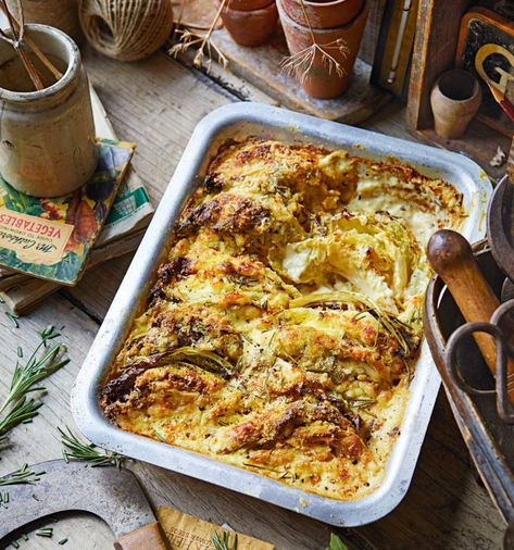 Savoy cabbage gratin with herby cheddar crumbs recipe | Sainsbury`s Magazine Savoy Cabbage Recipes, Cabbage Gratin, Gratin Recipes, Side Vegetables, Cabbage Dishes, Crumb Recipe, Sunday Lunches, Roasted Cabbage, Savoy Cabbage