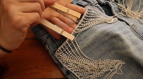 Diy Rhinestone Jeans, Rhinestone Fringe Jeans, Long Sleeve Shirt Diy, Fringe Diy, Jean Projects, Denim Painting, Rhinestone Shorts, Heavy Fringe, Fringe Clothing