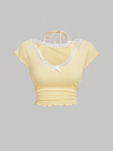 Yellow Casual Collar Short Sleeve Knitted Fabric Colorblock,Plain  Embellished Medium Stretch  Women Plus Clothing Pretty Shirts, Denim Skirt Women, Fashionista Clothes, Girls Fashion Clothes, Tie Neck, Kids Beachwear, Mode Outfits, Cute Tops, Cute Shirts