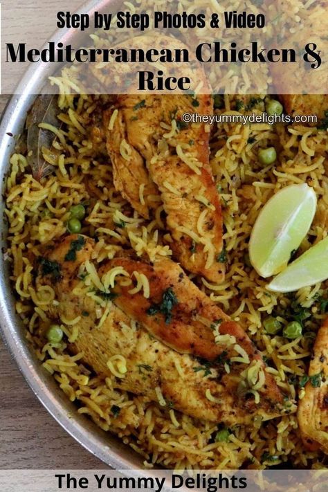 close-up of mediterranean chicken and rice in a skillet. Chicken Breast Rice Recipes, Chicken Breast And Rice Recipes, Chicken Breast And Rice, Mediterranean Chicken And Rice, Medditeranean Diet, Mediterranean Rice, Mediterranean Chicken Recipes, Biryani Recipes, Chicken And Rice Recipe