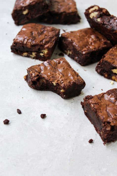 Darkest Fudgy Walnut Brownies - Sweets by Elise Walnut Brownies, Dark Chocolate Brownies, Chocolate Filling, Unsweetened Cocoa, Chocolate Brownies, Vegetarian Chocolate, Few Ingredients, Melted Butter, Cocoa Powder