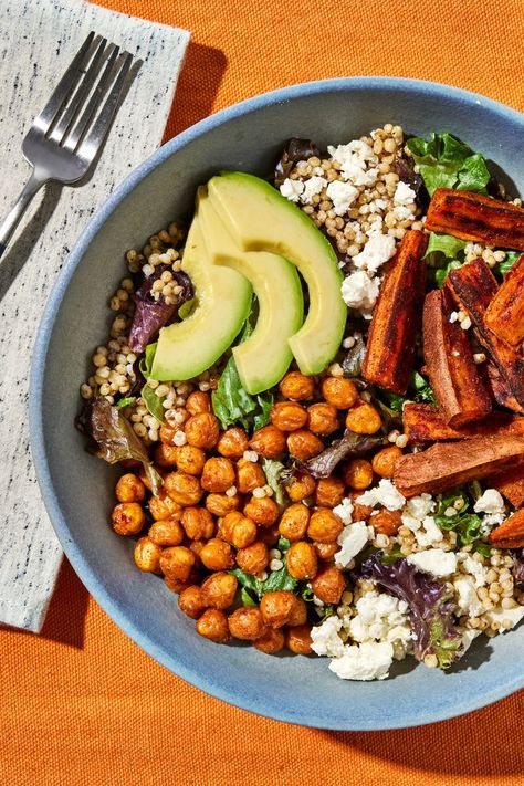 These Chickpea & Sweet Potato Grain Bowls Are Packed with 12 Grams of Good-for-Your-Gut Fiber Brussel Sprouts Bowl, Healthy Fiber Meals, Chickpea Bowl Recipes, Sweet Potato Dinners, Sweet Potato Gut Health, Chickpea Sweet Potato Bowl, Sweet Potato Chickpea Quinoa Bowl, Roasted Cauliflower Chickpea Potato Bowl, Gut Healthy Meals