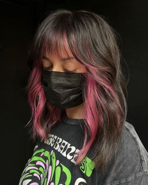 Dark Brown Hair With Pops Of Color, Brown And Coral Hair, Short Brown Hair With Peekaboo Color, Vivid Highlights Brown Hair, Bottom Layer Of Hair Dyed, Emo Highlights, Colored Curtain Bangs, Black Hair Pink Tips, Rogue Hair Streak