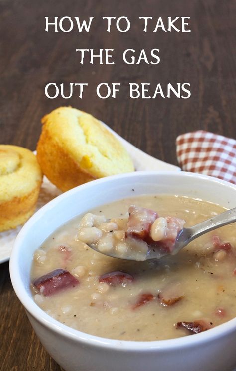 See my old-fashioned secret for taking the gas out of any type of bean you cook! You'll thank me later! #beans #gas #degassingbeans #howto Beans And Ham Soup, Beans And Ham, Navy Beans, Crockpot Ham, Slow Cooker Ham, Soup Beans, Ham Recipe, Ham Soup, Ham And Beans