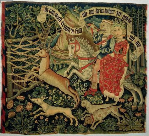 The Pursuit of Fidelity, c.1475-1500 (tapestry) German. Fidelity in form of a stag being driven by hounds and a couple on horseback. Burrell Collection, Glasgow, Scotland Medieval Tapestry, Late Middle Ages, Buzzard, Classic Image, Antique Textiles, Medieval Art, Illuminated Manuscript, Tapestry Weaving, 15th Century