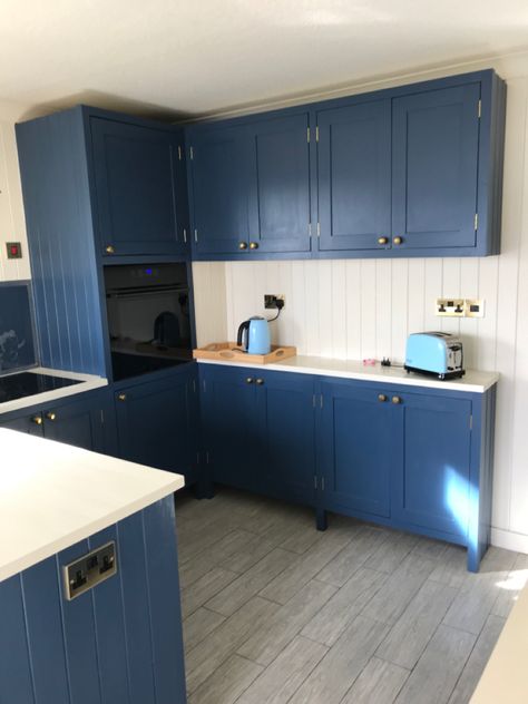 Handmade bespoke kitchen for Cottage on Easdale Island. Hand painted in Farrow and Ball Stiffkey Blue. #farrowandball #stiffkeyblue #farrowandballstiffkeyblue #bespoke #bespokekitchen #handmade #Easdale #handmadekitchen Blue Cupboards Kitchen, Easdale Island, Farrow And Ball Stiffkey Blue, Blue Cupboards, Cupboards Kitchen, China Cupboard, Airing Cupboard, Stiffkey Blue, Work Triangle