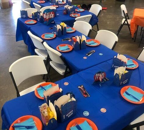 Navy Tablecloth, Orange Plates, Blue Tablecloth, Sports Party, Birthday Party Tables, Blue Table, Party Table, Boy Birthday Parties, Paper Napkins