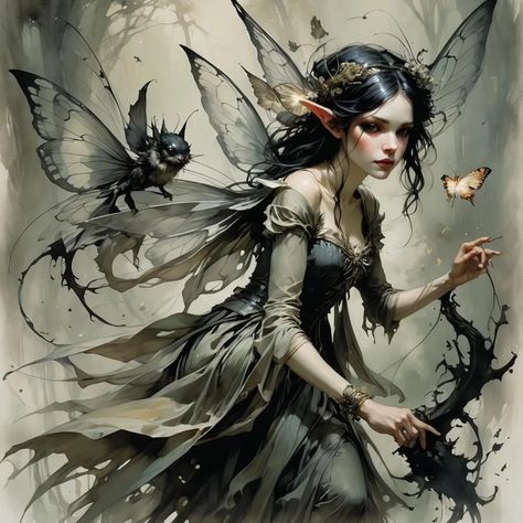 Explore AI Generated Art - NightCafe Creator Fairy Warlock, Fae People, Dark Faerie, Evil Fairy, Tattoos For Women Flowers, Pixie Hollow, Pixies Fairies, Crows Ravens, Cute Fantasy Creatures