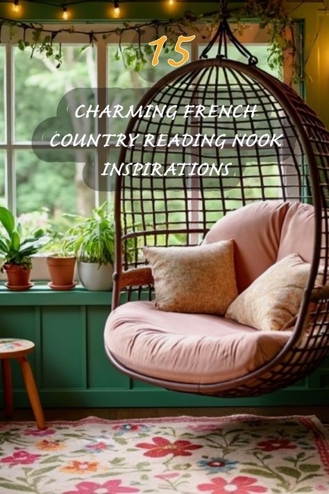 I absolutely love this charming French country reading nook! The hanging chair is perfect for curling up with a good book, surrounded by nature and warm light. The lush plants and colorful rug add a touch of whimsy and tranquility, making it an inviting space to relax and unwind. French Country Design Ideas, Reading Nook Ideas, Lush Plants, French Country Design, Nook Ideas, Colorful Rug, Cozy Reading Nook, Country Design, Relax And Unwind