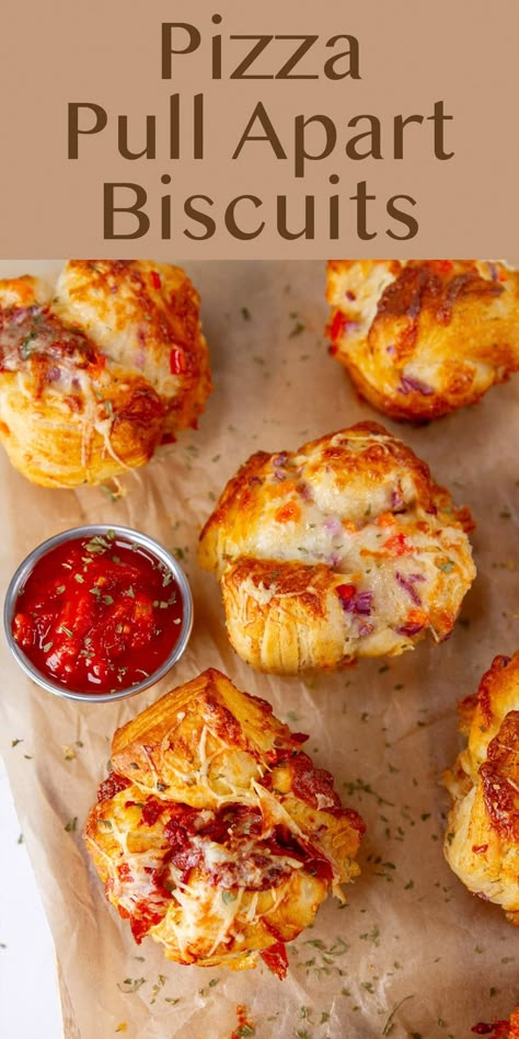 Easy to make and so impressive, these Pizza Biscuits are perfect for game day noshing, after school snacks, or even to pop in a lunch box. They start with convenient canned biscuit dough, and are baked with your favorite pizza toppings in fun individual muffin tins! Easy Biscuit Pizza Recipe, Easy Recipes Using Canned Biscuits, Pizza Party Toppings, Pizza Rolls With Biscuits, Canned Biscuit Pizza Recipes, Pepperoni Rolls With Biscuits, Dinner With Canned Biscuits, Biscuits Meals Ideas, Appetizers With Biscuits