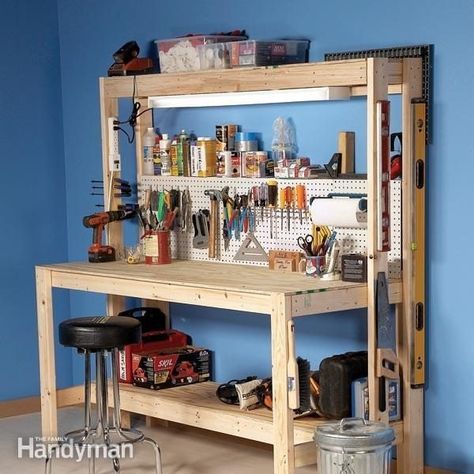 This DIY workbench is simple enough and cheap enough that you can make it in a morning, and yet it's big enough for serious woodworking and hobby projects. Building Organization, Workbench Garage, Workbench Diy, Build Garage, Workbench Organization, Tool Garage, Building A Workbench, Garage Workbench, Workbench Plans Diy