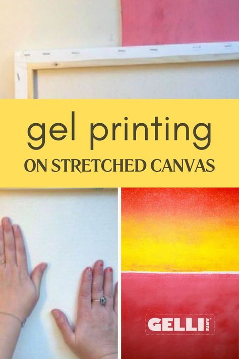 Image with three pictures. The first one is of the back of a stretched canvas hovering above an inked-up Gelli Arts® printing plate. The second one is of two hands rubbing the back of the canvas. The third one is of the front of the canvas covered with two monoprints that look like a sunrise together. The text reads: Gel Printing On Stretched Canvas - Gelli Arts Air Freshener Diy Essential Oils, Monoprinting Techniques, Gelli Printing Techniques, Printmaking Projects, Gelli Printing Art, Happy Love Day, Gelli Plate Art, Gel Printing, Gelli Plate Printing