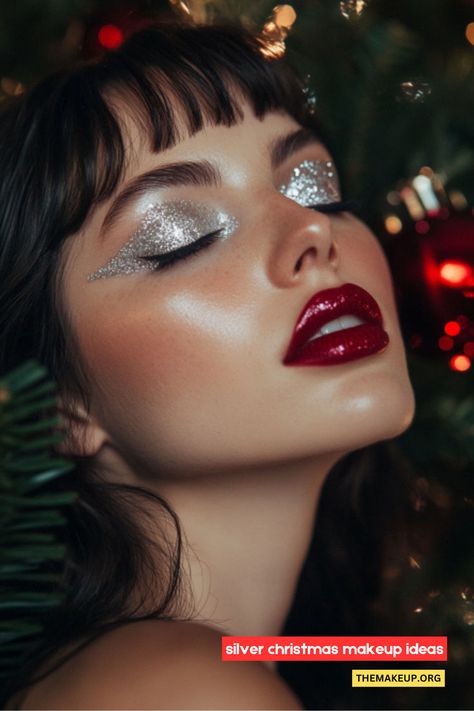 Stunning Silver Christmas Makeup Ideas for Your Holiday Parties! Silver Christmas Makeup, Makeup Ideas Silver, Glittery Eyeshadow Looks, Makeup Silver Glitter, Makeup Looks Products, Holiday Makeup Looks Christmas, Highlighter Tips, Holiday Makeup Christmas, Silver Glitter Eye Makeup