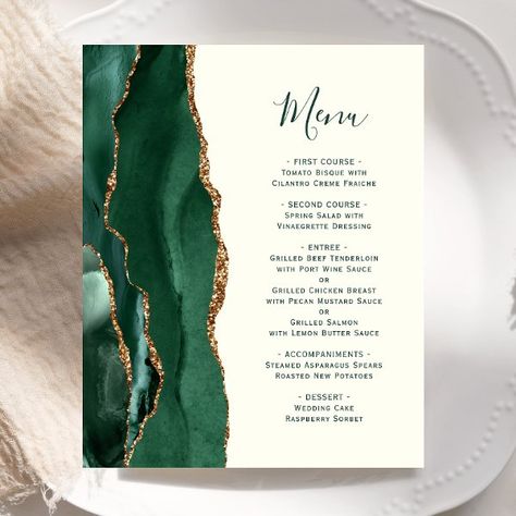 Budget Emerald Green Gold Agate Ivory Wedding Menu Wedding Cake Raspberry, Emerald Green And Gold, Handwriting Script, Elegant Modern Wedding, Emerald Green Weddings, Zazzle Wedding, Green Wedding Colors, Green Watercolor, Ivory Wedding