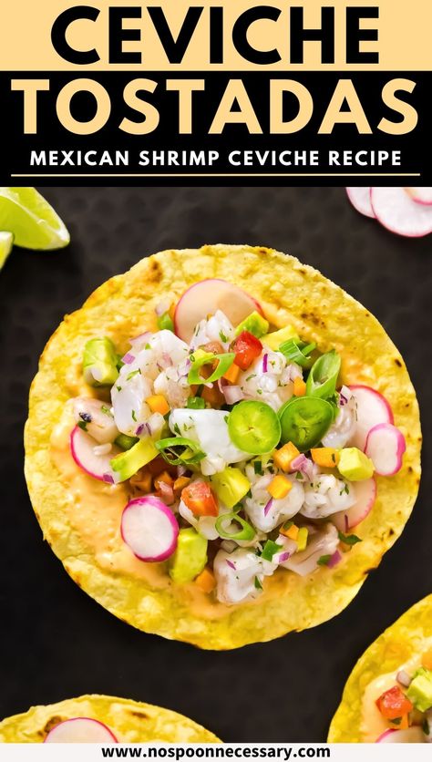 Embark on a tantalizing journey through the sunny, vibrant streets of Mexico with these sensational Shrimp Ceviche Tostadas. Featuring juicy shrimp marinated in a zesty mixture of citrus mingled with tomatoes, onions, and cilantro, all piled high atop golden, crispy tostada shells. Whether you're hosting a fiesta or simply craving a taste of coast, this Mexican ceviche recipe is sure to transport you to culinary paradise! Ceviche Tostada Recipe, Ceviche Recipe Mexican, Mexican Ceviche, Shrimp Tostadas, Shrimp Ceviche Recipe, Mexican Shrimp, Tostada Recipes, Shrimp Ceviche, Ceviche Recipe