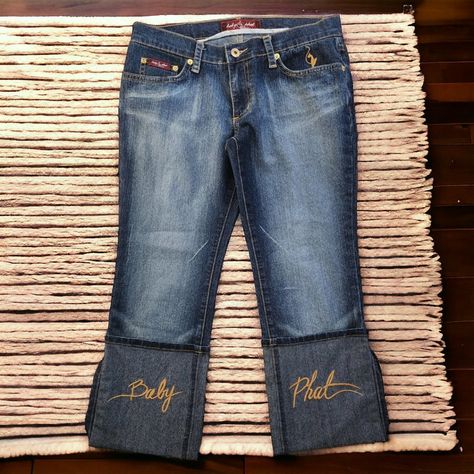 New, Never Worn. Dark Distressed Blue Jean/Capris. Foled Cuffs With Embroidered Logo. Standout Logo In Back On Waist. Very Nice Quality With 98% Cotton And 2% Spandex. Size 5 With The Following Measurements When Laid Flat: Waist 16", Rise 8" Inseam 23" Rn#111185 Wj236l04gm Baby Phat Clothes, Baby Phat Jeans, Jean Capris, Apple Bottoms, Baby Phat, Blue Logo, Capri Jeans, Designer Jeans, 2000s Fashion