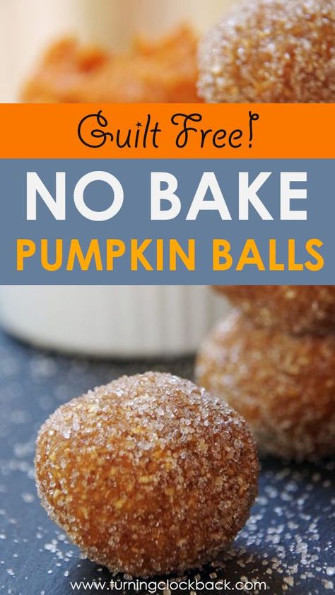 Looking for easy but healthy snack recipes?  These no bake pumpkin balls are loaded with pantry staples like almond butter, canned pumpkin and maple syrup.  A delicious healthy snack rolled in cinnamon and sugar!  #healthysnacks #cleaneating #pantryrecipes #pumpkinrecipes #nobakerecipes Healthy Pumpkin Cake Pops, Keto Pumpkin Balls, Pumpkin Balls Easy, Pumpkin Cake Balls Recipe, Pumpkin Date Balls, Desserts With Canned Pumpkin, Pumpkin No Bake Balls, Healthy Canned Pumpkin Recipes, Pumpkin Bites Easy