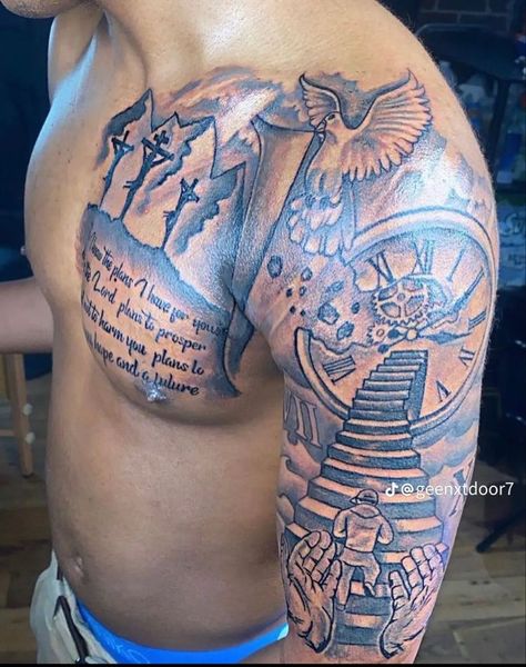 Chest Into Sleeve Tattoo Men, Half Sleeve Tattoos Black Mens Arm, Single Chest Tattoo Men, Rip Shoulder Tattoo Men, Right Shoulder Tattoo Men, Chest Arm Tattoo Men, Bicep Tattoo Men Sleeve, Chest To Arm Tattoo Men, Bicep Sleeve Tattoo Men