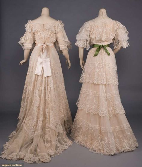 TWO LACE TEA GOWNS, c. 1905 Victorian Tea Gown, 1900 Tea Gown, Tea Gown Edwardian, Edwardian White Lace Dress, Cream Lace Victorian Vintage Dress, Tea Gown, 1900s Fashion, Edwardian Dress, Old Dresses