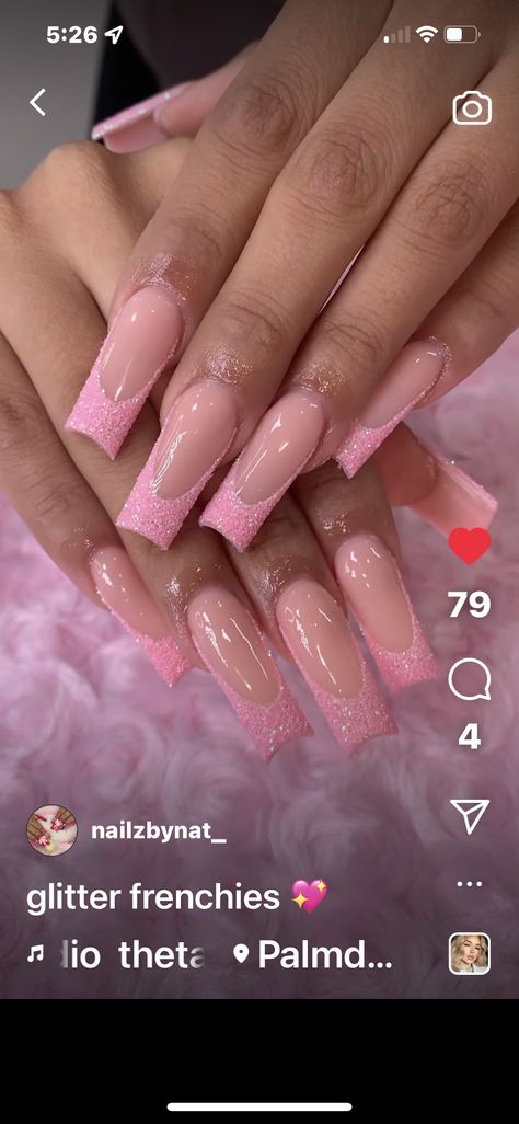 Nail Inspo Glitter French, Glitter Frenchies Nails, Medium Glitter French Tip Nails, Pink French Tip Nails With Glitter, Pink Nails For Prom, Pink And White Glitter Nails French Tips, Pink Sparkly French Tips, Sparkly Pink Acrylic Nails, Pink Sparkly French Tip Nails