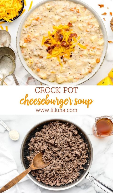 Thick and cheesy crockpot cheeseburger soup is rich and creamy with plenty of chunks for a stick-to-your-ribs kind of soup! #cheeseburgersoup #crockpotsoup #slowcookersoup #soup #crockpot Crock Pot Cheeseburger Soup, Hamburger Soup Crockpot, Crockpot Cheeseburger Soup, Crockpot Cheeseburger, Cheeseburger Soup Crockpot, Easy Crockpot Soup, Soup Crockpot, Cheese Burger Soup Recipes, Hamburger Soup