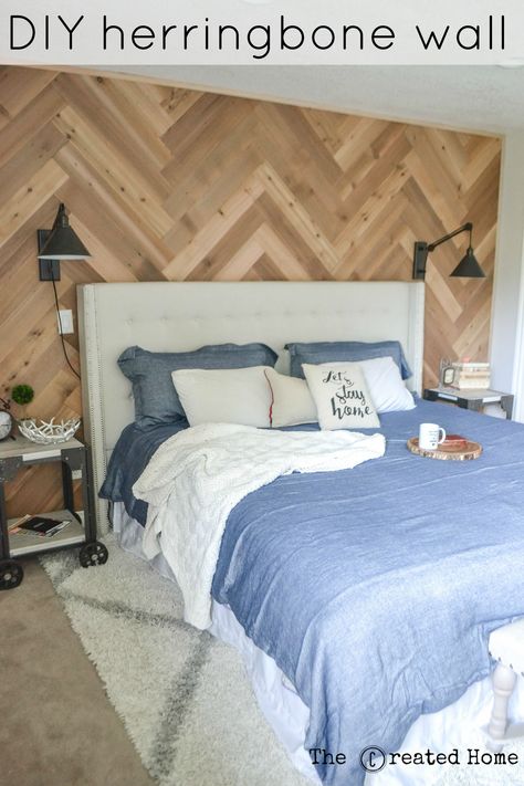 Diy Herringbone Wall, Diy Upholstered Storage Bench, Herringbone Accent Wall, Herringbone Wall, Wood Accent Wall, Reclaimed Wood Projects, Bedrooms Decor, Funky Home Decor, Accent Wall Bedroom