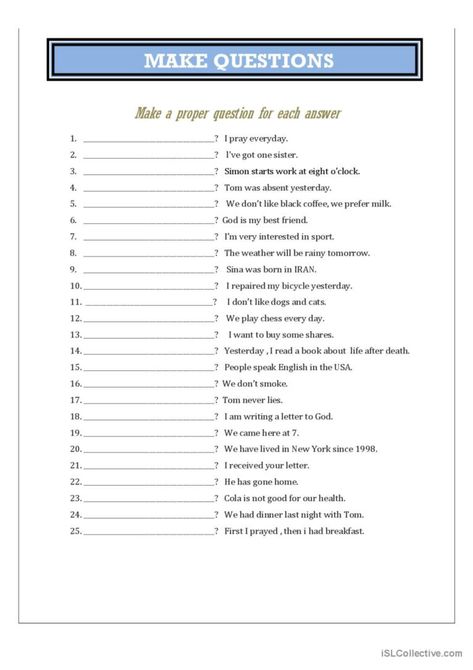 Make questions is another worksheet from the make questions series which I've created for those learners who want to master and practice question forms of English sentences. If you want to test yourself by making questions, this worksheet will help you. Grammar Practice, English Sentences, Esl Worksheets, English Grammar, I Pray, Grammar, I Am Awesome