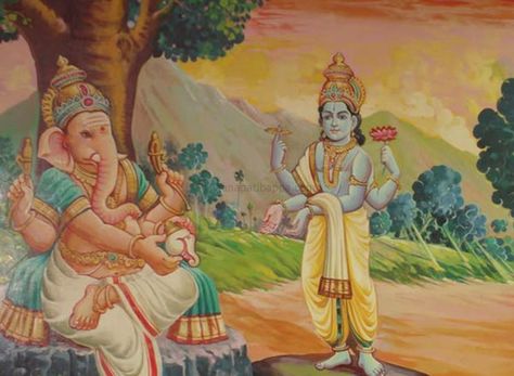 Lord Ganesha and Lord Vishnu Story Art Krishna, Ganesh Puja, Krishna Hindu, Lord Hanuman Wallpapers, Lord Rama, Chakra Racine, Ganesh Art, Lord Vishnu Wallpapers, Indian Painting