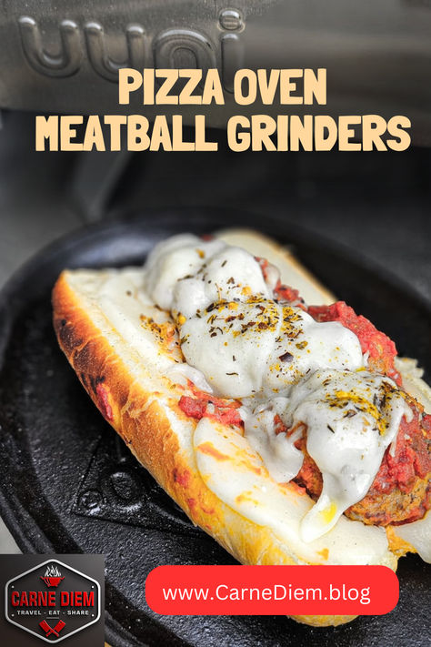 One of our favorite Ooni pizza oven recipes, this easy meatball grinder recipe is sure to be a fan favorite. These wood fired meatball grinders are a quick and easy recipe to make in your wood fire oven or pizza oven. These hot Italian sub style sandwiches are filled with tender flavorful and tender meatballs and a garlic butter spread and then topped with provolone cheese before being baked in a wood fire oven. Meatball Grinders Sandwiches, Italian Sausage Grinder Sandwich, Chicago Pizza And Oven Grinder Recipe, Tik Tok Italian Grinder, Meatball Subs With Provolone, Mortadella Pizza Sandwich, Homemade Italian Pizza, Oven Meatballs, Italian Pizza Oven