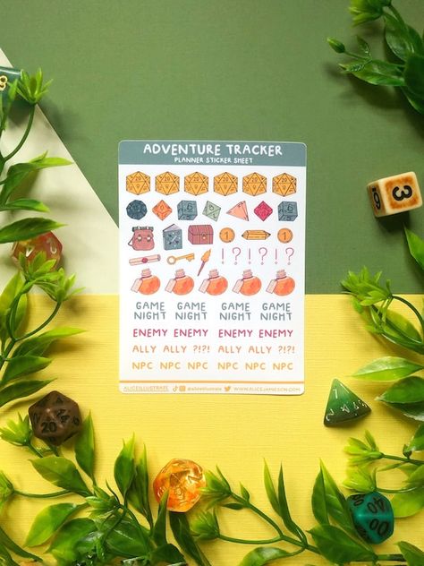 Perfect for Bullet Journals, Notebooks, Diaries and Letter-writing, these Adventure Tracker stickers are a cute collection that is perfect for helping you track your campaign and adventurous journey! Great for playing Dungeons and Dragons! (DnD) Featuring original illustrations of potion bottles, book, gem, coins, scroll, bag, treasure chest, key, torch, dice and text, it's the perfect sticker sheet for anyone wanting to track their progress on their latest adventure! Tracker Stickers, Note Taking Tips, Potion Bottles, Dragon Illustration, Home Planner, Potion Bottle, Pretty Packaging, Bullet Journals, Art Pages