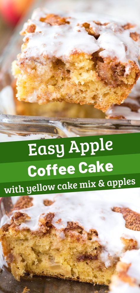 Easy apple coffee cake made with yellow cake mix, fresh apples and lots of cinnamon sugar swirled in. This easy apple cinnamon cake will become your favorite fall cake and your house will smell like Cinnabon! #applecoffeecake #cakemix #applecinnamoncake #cake #breakfastcake Apple Spice Muffins Cake Mixes, Apple Bread From Box Cake, Apple Cinnamon Box Cake, Yellow Cake Mix Apple Pie Bread, Yellow Cake Mix Recipes With Apples, Yellow Cake Mix With Apples, Coffee Cake Using Yellow Cake, Apple Cinnamon Spice Cake, Yellow Cake Mix And Apples