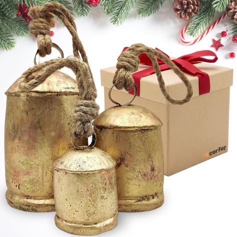 PRICES MAY VARY. 🔔 Shabby Chic Rustic Style Vintage Lucky Harmony Cow Bells Wall Hanging Bells. 🔔 The golden color is actually a covering of brass. These bells are baked in fire giving them their unique shades of brown rustic color. 🔔 These cowbells have been purposely given a very rough look. Each bell has been individually handmade, hence small variations are possible. Made from recycled iron sheets. Metal with a worn paint finish. 🔔 Can be used for various purposes- to make Christmas wrea Fake Xmas Tree, The Navage Patch, Navage Patch, Yarn Trees, Winter Wreath Diy, Minimalist Christmas Tree, Yarn Wreath, Christmas Hanging Decorations, Christmas Hanging