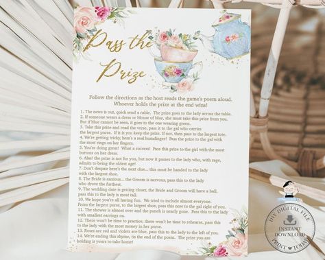 Pass The Prize Game, Poem Activities, Tea Party Games, Game Diy, High Tea Party, Blue Teapot, Bridal Tea, Tea Party Bridal Shower, Bridal Shower Tea