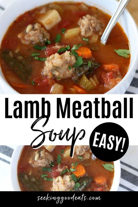 Ground Lamb Soup, Lamb And Pork Meatballs, Ground Lamb Soup Recipes, Lamb Meatball Soup, Lamb Soup Recipes Greek, Meatball Soup Crockpot, Ground Lamb Meatballs, Spiced Lamb Meatballs, Escarole Soup