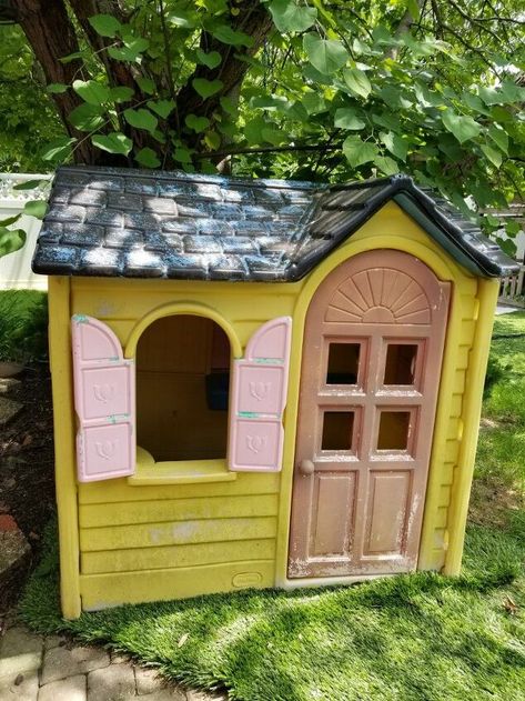 Cottage Playhouse Makeover, Little Tikes Playhouse Makeover, Cottage Playhouse, Plastic Playhouse, Wooden Ironing Board, Playhouse Makeover, Distressing Painted Wood, Wood Playhouse, Water Blob