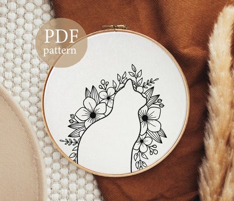 Silhouette Embroidery, Diy Embroidery Projects, Modern Hand Embroidery, Floral Hand Embroidery, Pdf Embroidery Pattern, Pattern Cat, Embroidery Template, Hand Embroidery Pattern, Cat Silhouette