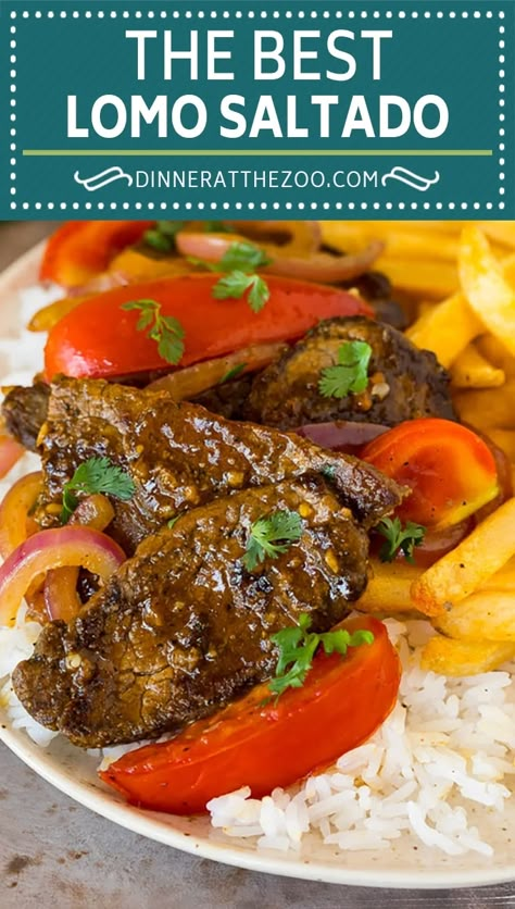 This lomo saltado is a classic Peruvian dish of tender beef that's stir fried with tomatoes and onions in a savory sauce, then served with french fries and steamed rice. Lomo Saltado Recipe Peruvian, Lomo Saltado Recipe, Spanish Foods, Peruvian Dishes, South American Recipes, Lomo Saltado, Cuban Cuisine, Peruvian Cuisine, Peruvian Food